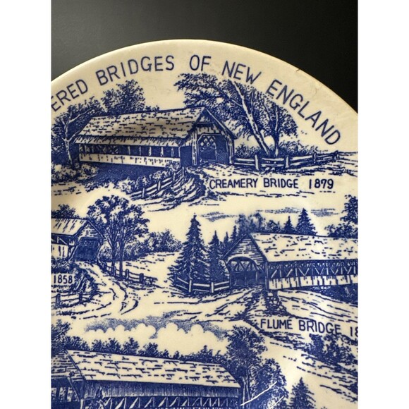 Vintage Covered Bridges of New England Blue & White Souvenir Plate 7.25" - Picture 2 of 6